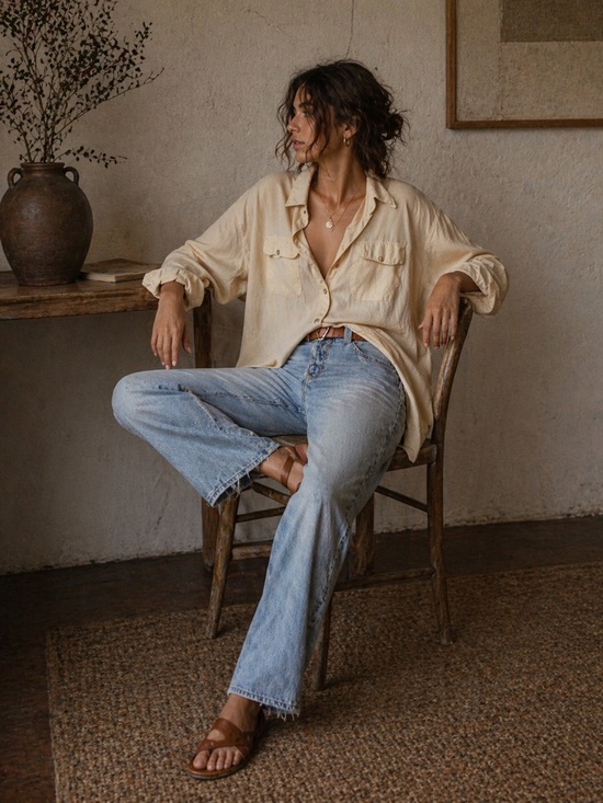Vintage Tops - Vintage Sandwashed Silk Utility Blouse | Warm Beige | Size 8